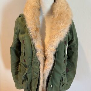 Women's Green Utility Jacket with Faux Fur Trim